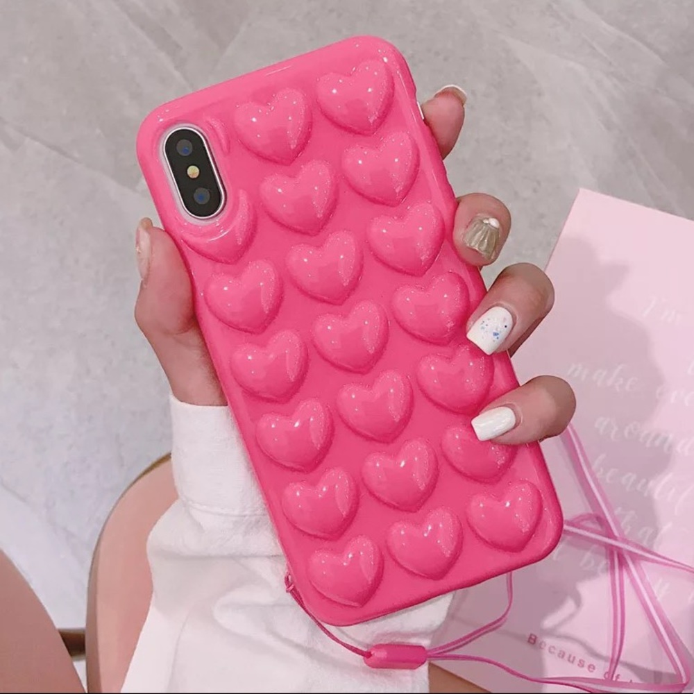 Hot Pink 3D Hearts iPhone Case X XS XR Max - Picture 1 of 3